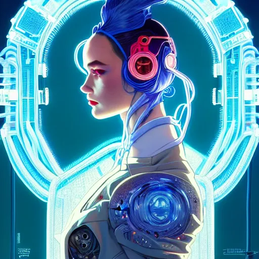 Image similar to high quality, high detailed portrait of a snow queen cyberpunk character in a futuristic world, tristan eaton, victo ngai, artgerm, rhads, ross draws, hyperrealism, intricate detailed, cables, wires, connectors, led. alphonse mucha, pastel colors, vintage, artstation, vector. 8 k