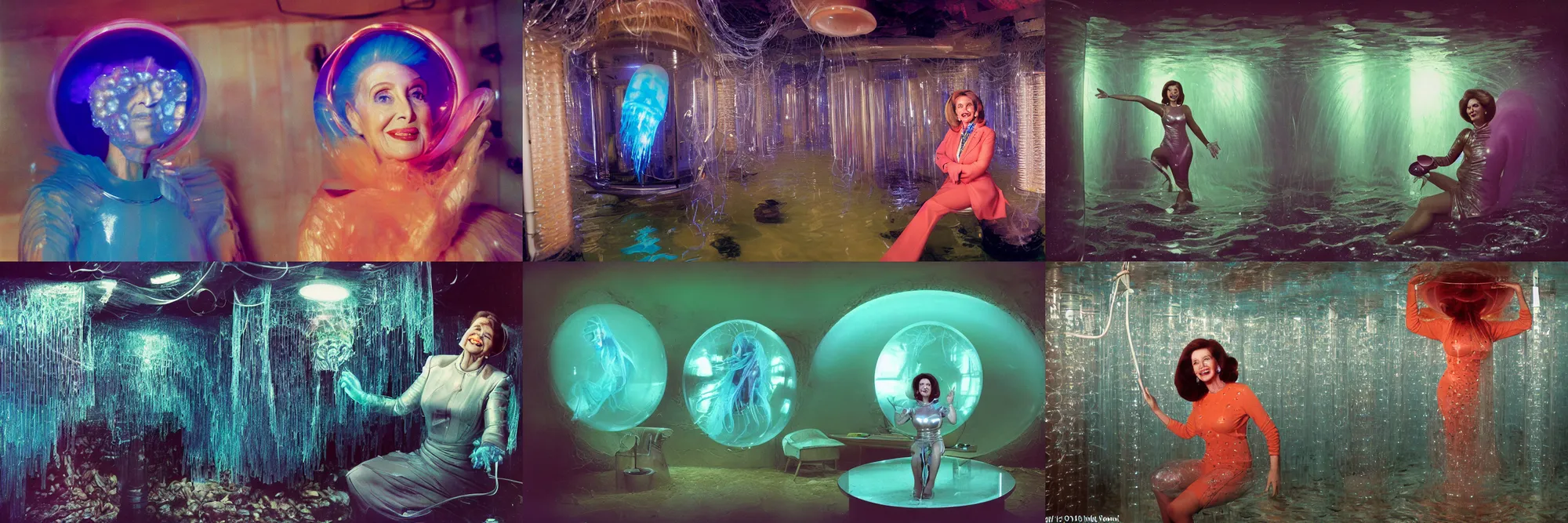 Prompt: glamour photography closeup of vivacious Nancy Pelosi as a jellyfish human hybrid wearing vacuum tube roman armor, sitting inside of a partially flooded 1970s luxury bungalow cabin with infinity mirror walls, suspended soviet computer console on ceiling, ektachrome color photograph, volumetric lighting, off-camera flash, 14mm wide angle lens f8 aperture