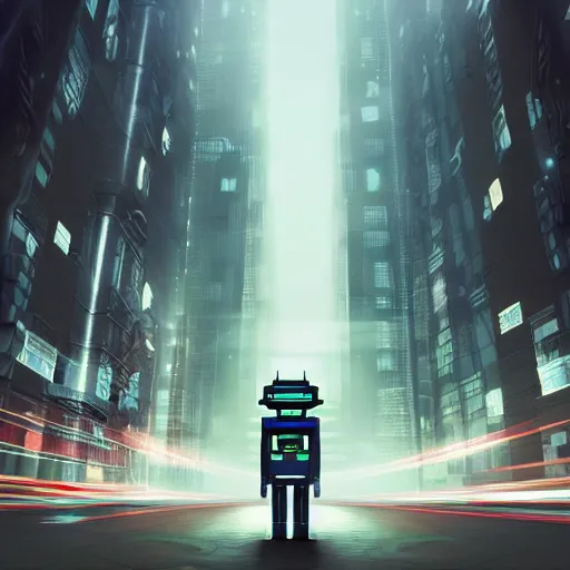 Image similar to a photo of a robot in a futuristic city its raining, vaporware style