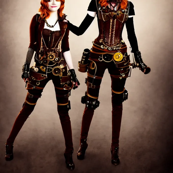 Image similar to full body photograph of emma stone as a steampunk warrior, Extremely detailed. 8k