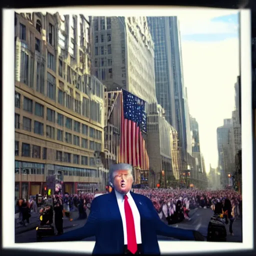 Image similar to “Very photorealistic photo of Donald Trump standing in the middle of Fifth Avenue and shooting somebody, atmospheric lighting, award-winning”