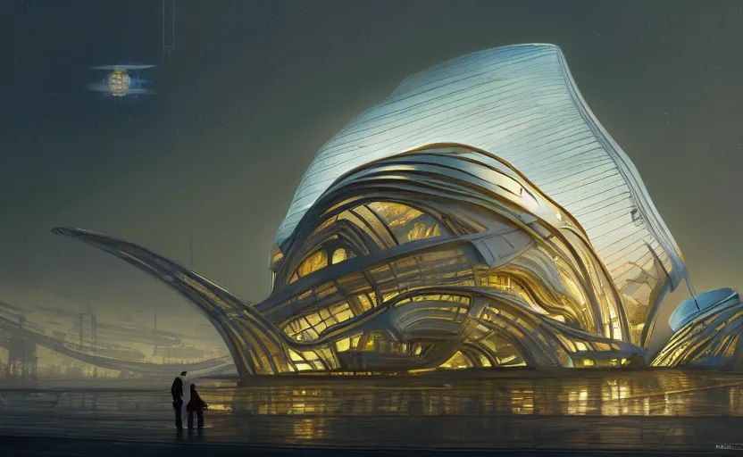 Image similar to exterior shot of utopian architecture transparent building with cinematic lighting by zaha hadid and renzo piano, darek zabrocki and greg ruthkowski, alphonse mucha, simon stalenhag, cinematic, stars, beautiful, holy place, paradise, scifi, futurism, atmospheric, concept art, artstation, trending on artstation