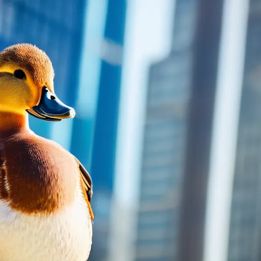 Image similar to portrait photograph of duck in a business suit, award winning, well presented, out of focus cityscape in the background