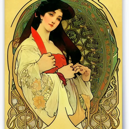 Image similar to beautiful women with oriental faces, character portrait, sharp, art by alphonse maria mucha