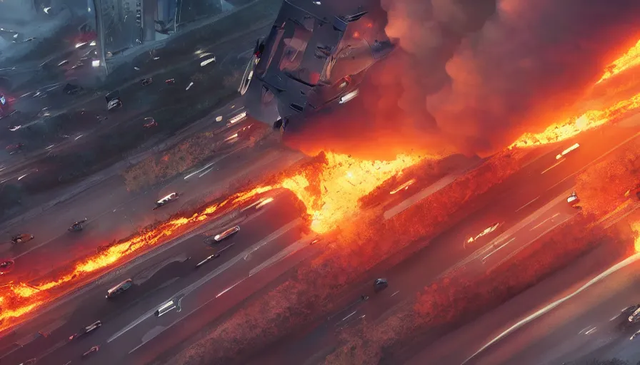 Image similar to falling highways with burning cars, movie scene, spectacular, hyperdetailed, artstation, cgsociety, 8 k