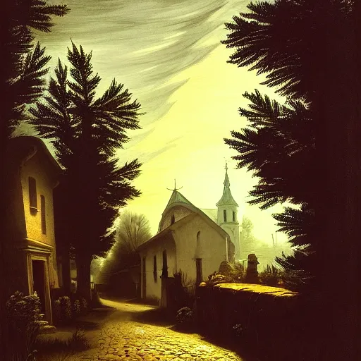 Image similar to in the style of gerald brom, caravaggio, beautiful small town, houses and buildings, 1 8 0 0 s, cobblestone roads, low light, end of day, trees, forest in the distance, light mist