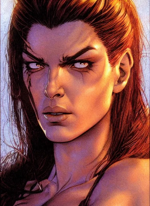 Prompt: face portrait, female from x men, by greg staples, frank frazetta, dorian cleavenger, sharp focus, intricate, summer day, sunlight, soft lighting, detailed