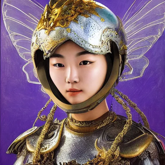 Prompt: highly detailed portrait of Hwang yeji wear a beautiful metal heron helmet cover whole face in shiny fairy style armour, sea in the background, Raffaello Sanzio style