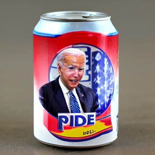 Image similar to biden on mini soda can, kitchen