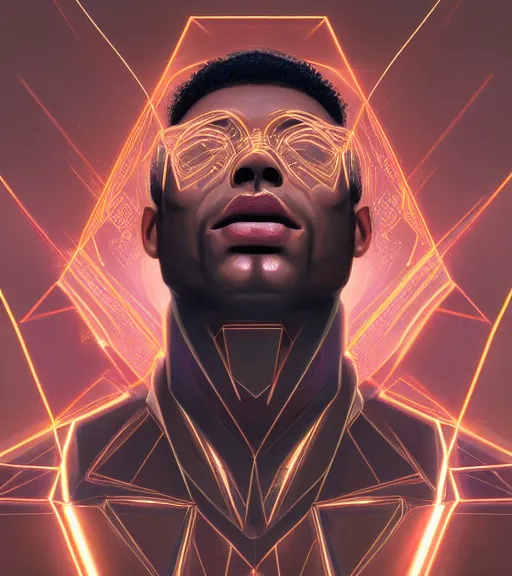 Image similar to symmetry!! egyptian prince of technology, solid cube of light, hard edges, product render retro - futuristic poster scifi, lasers and neon circuits, brown skin man egyptian prince, intricate, elegant, highly detailed, digital painting, artstation, concept art, smooth, sharp focus, illustration, dreamlike, art by artgerm