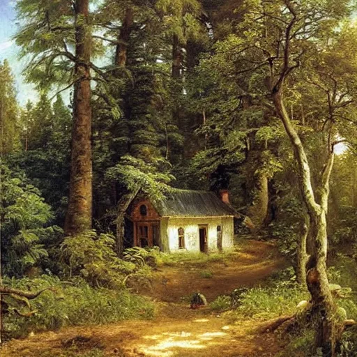 Prompt: small cottage in the forest by ivan shishkin, oil on canvas, highly detailed, whimsical, fantasy