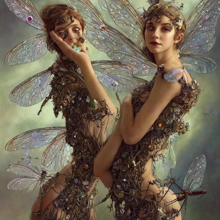 Image similar to organic cyborg fairy with dragonfly wing, crystal sculpture, fashion style, diffuse lighting, fantasy, intricate, elegant, highly detailed, lifelike, photorealistic, digital painting, artstation, illustration, concept art, smooth, sharp focus, by john collier and albert aublet and krenz cushart and artem demura and alphonse mucha.