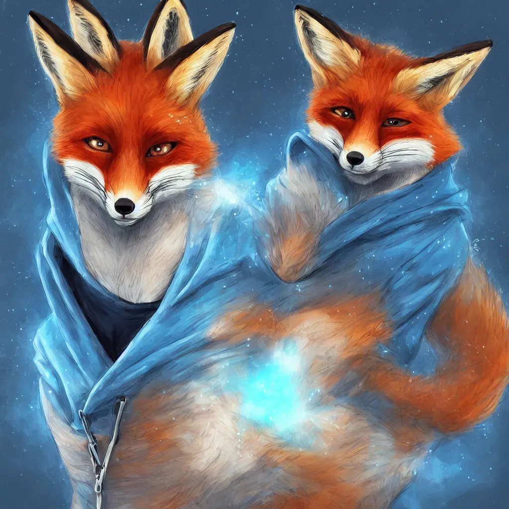 Prompt: a fox in a blue hoodie typing in a notebook, white background, concept art, anime style, digital art picture, highly detailed, artstation, detailed, award winning, colorful
