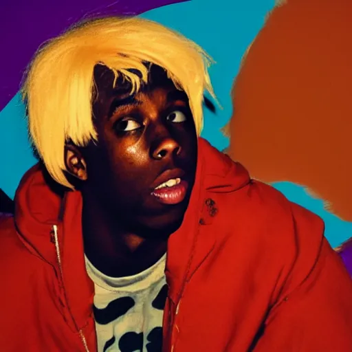 Image similar to Tyler The Creator in a blond wig by Andy Warhol