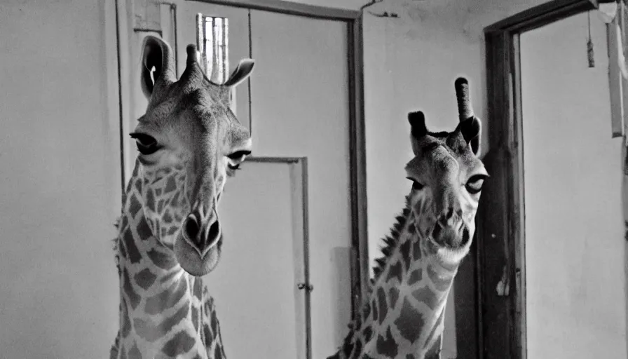 Prompt: a girafe in a stalinist style kitchen, mini dv camera found footage, very very low quality picture, heavy grain, caught on security camera, heavy jpeg artifact, night vision very blurry, caught on trail cam, 1 4 4 p, ultra wide lens