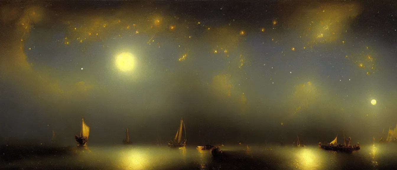 Prompt: A beautiful painting of TARDIS flying in night in. milky way with one moon and star light by Ivan Konstantinovich Aivazovsky