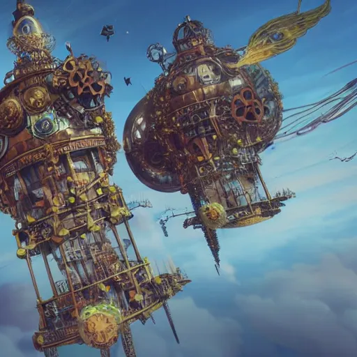 Prompt: flying city in a mechanical flower flower flower flower, sky, steampunk!!!, fantasy art, steampunk, masterpiece, unreal engine