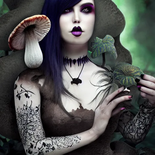 Image similar to photorealisticsoft paint of absurdities and mushrooms, very beautiful female curvy full gothic long dress, ultra deep fog, purple black lustrous thin haircut, symmetry accurate features, focus, very intricate ultrafine details, award winning masterpiece