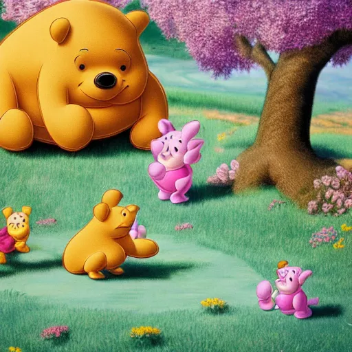 Image similar to Winnie the poo playing with piglet and owl 4k extremely detailed surrealism