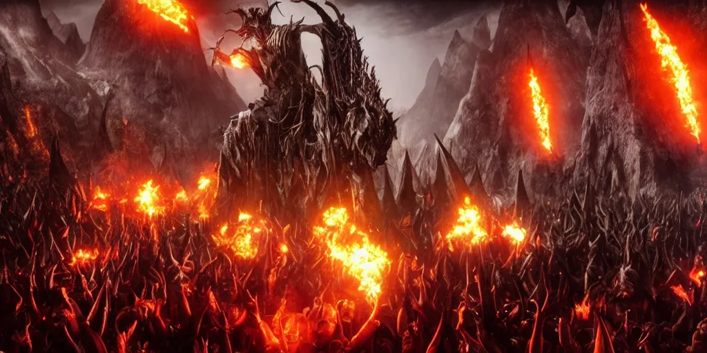 Prompt: Sauron playing rock guitar to a crowd of orcs in Mordor, epic, realistic, 8k resolution, detailed