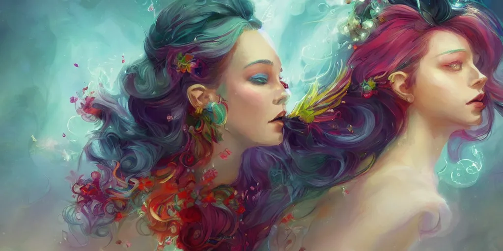 Image similar to a colorful and provenance portrait painting of a fantasy female with floral wings, detailed, highly detailed, hair made of hair made of air wind and curling smoke, mist, dust, genie, spirit fantasy concept art ， art by charlie bowater and by aenami, trending on artstation.