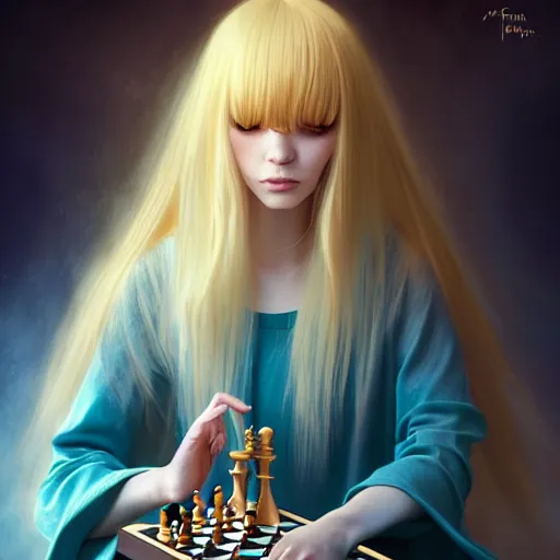 Image similar to rimuru tempest elegantly playing chess, with amber eyes of golden colored eyes, straight hair, sky blue hair, long bangs, high collar, concept art, award winning photography, digital painting, cinematic, wlop, 8 k, by ross tran, tom bagshaw, andy warhol