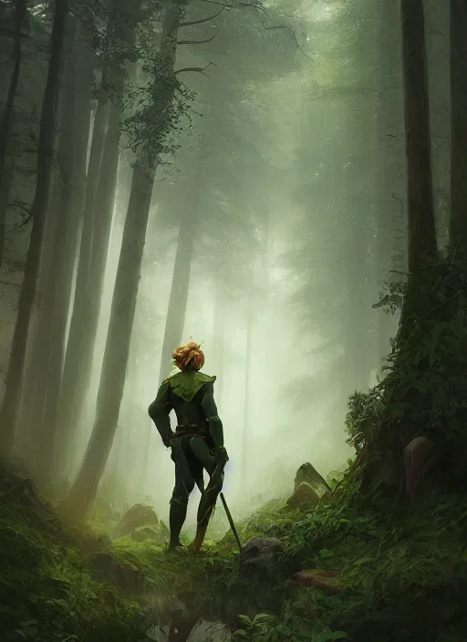 Prompt: elf man wearing dark green with a shield on his back standing at a forest looking for adventure in the mountains, tall trees, landscape is lush, moody sunset in background, greg rutkowski, alphonse mucha, trending on artstation, artgerm, unreal engine, breathtaking, award winning, highly detailed