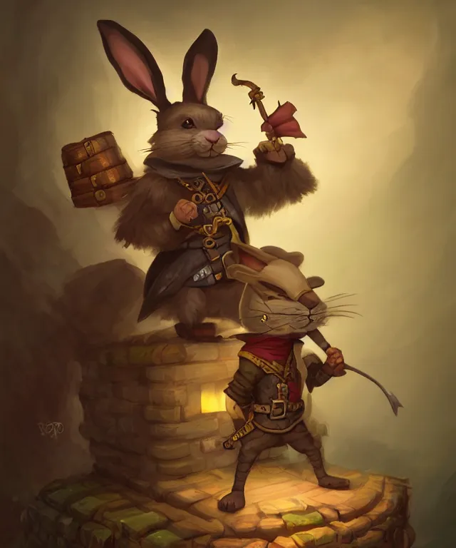 Image similar to anthropomorphic rabbit pirate, pirate outfit, standing on a treasure chest, standing in a beautiful landscape, cute and adorable, dnd character art portrait, matte fantasy painting, deviantart artstation, by jason felix by steve argyle by tyler jacobson by peter mohrbacher, cinematic lighting