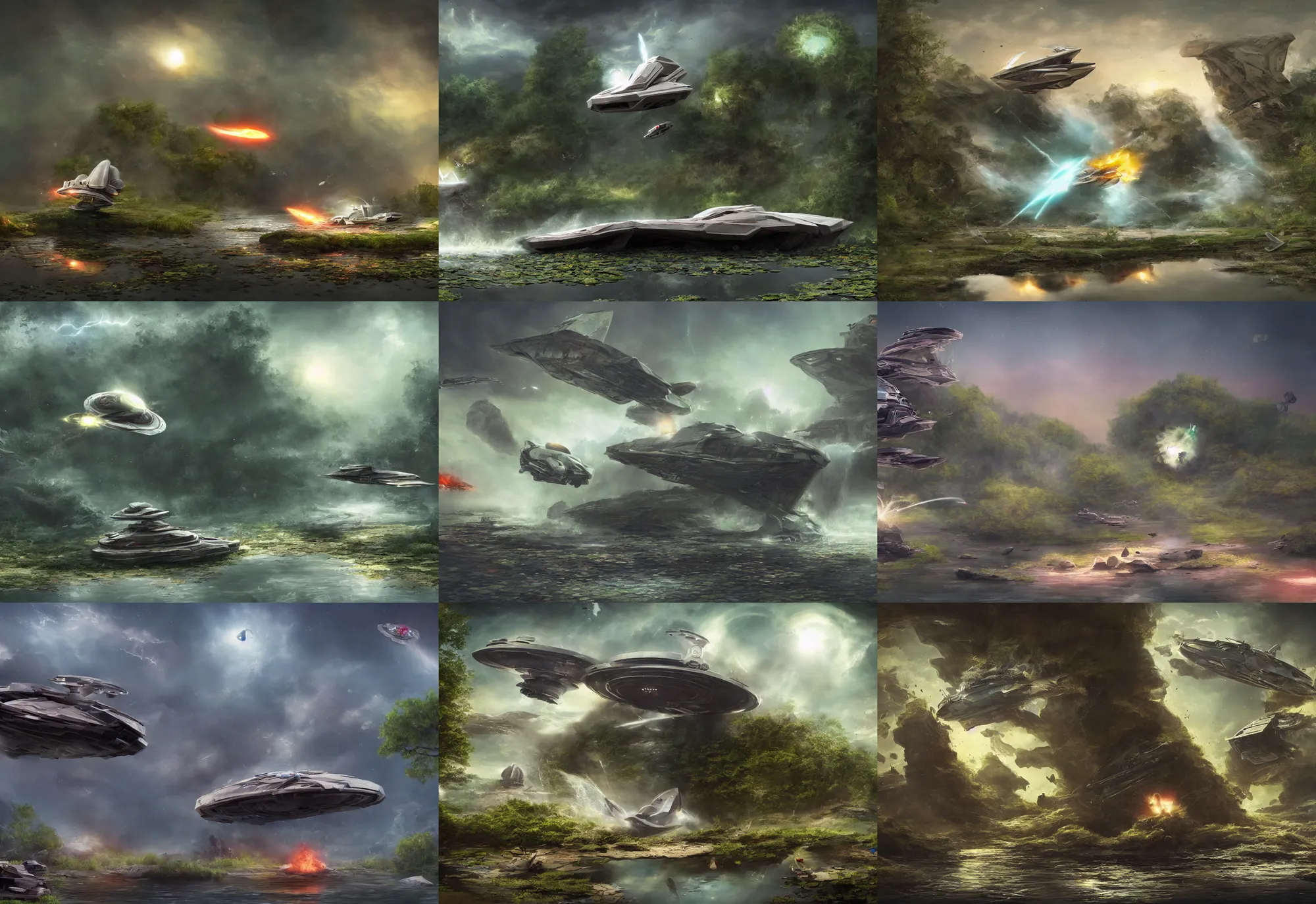 Prompt: matte painting of a cute alien scout ship crashing into a pond, 4 k