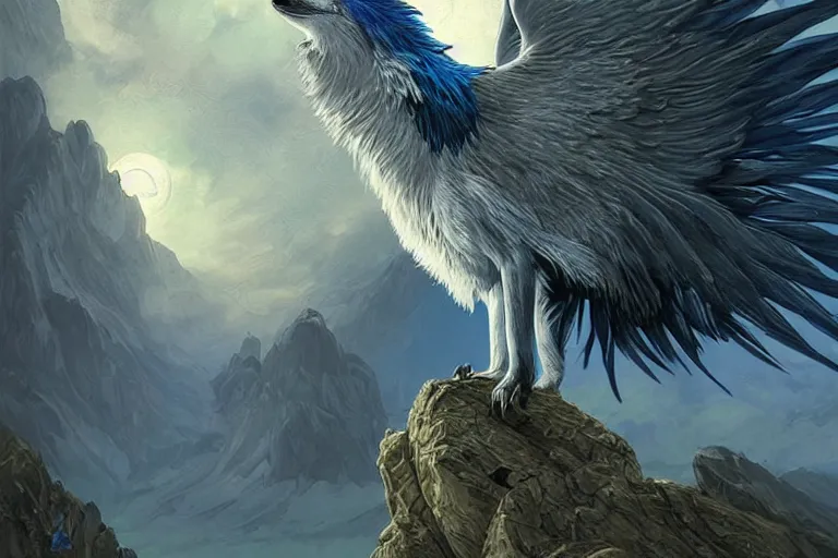 Prompt: Blue feathered wolf with wings on a beautiful fantasy landscape, hills, mountains, moonlit, HD, illustration, epic, D&D, fantasy, intricate, elegant, highly detailed, digital painting, artstation, concept art, smooth, sharp focus, illustration, art by artgerm and greg rutkowski and alphonse mucha