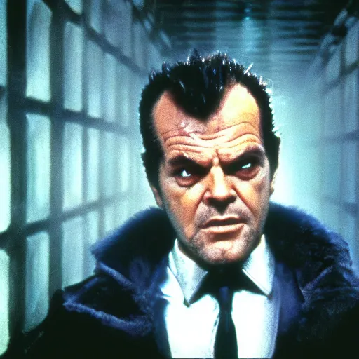 Image similar to 30 year old Jack Nicholson as Rick Deckard on blade runner 1982, movie still, in color, movie frame, detailed face, symmetrical face, 4k,