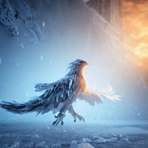 Image similar to a phoenix trapped in ice breaking through, cinematic lighting ultra detail ultra realistic photo realistic octane render 4k