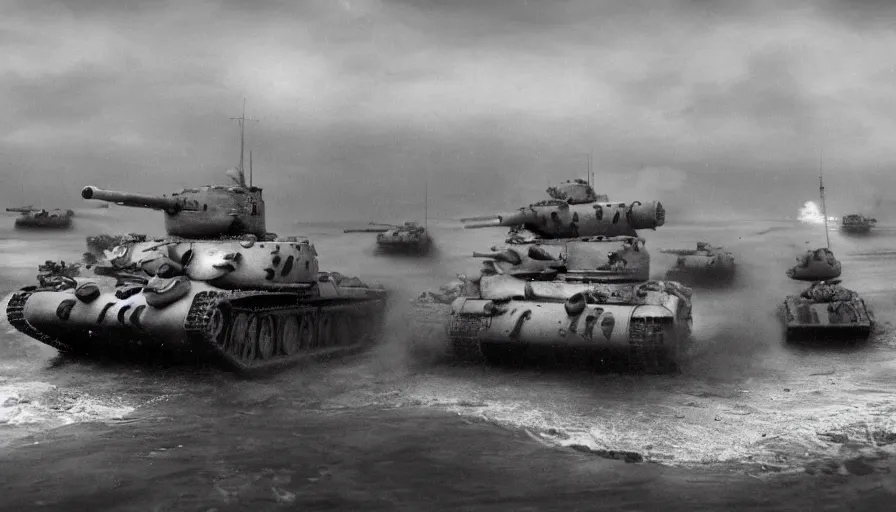Image similar to old black and white 4 0's photos of world war 2 showing tanks with laser canons on omaha beach, hyperdetailed, artstation, cgsociety, 8 k