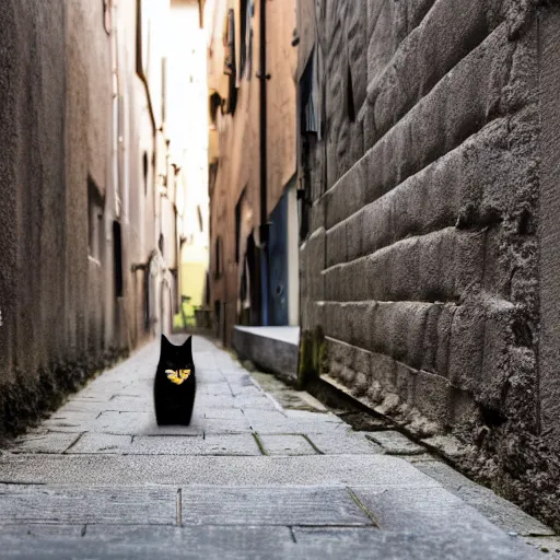 Image similar to robot cat walking in an alley, sharp details, highly complexe nature inspired machinery, close up, 4 k high realistic photography