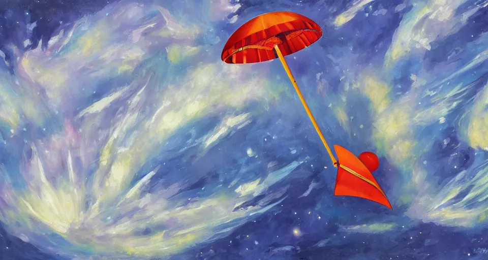 Image similar to giant umbrella in space, seen from earth, art deco painting