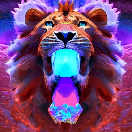 Image similar to a crystalline 3 d mandelbulb fractal in the shape of a lion, bioluminescent opal, fractal, magnificent lighting, ethereal, ray tracing, octane