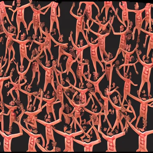 Image similar to a red person stylized is being indicated by many hands. curcular composition