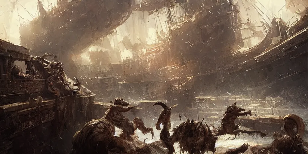 Image similar to fighting giant rats on a rotten ship deck, dark fantasy, digital art by Greg Rutkowski