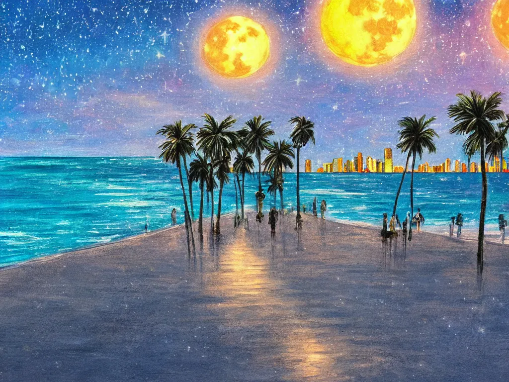 Image similar to night on a summer miami beach, city on the background, palm trees, footprints in the sand, full moon reflected in the calm ocean, starry sky 8 k, ultra detailed, trending on artstation, digital painting