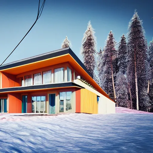 Image similar to wes anderson style modern futuristic house near the lake, snowy mountains and green forest, cinematic, realism, photo, detailed