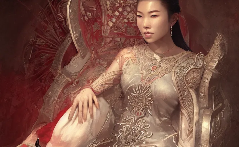 Prompt: beautiful asian woman sitting on a throne, soft grey and red natural light, intricate, digital painting, artstation, concept art, smooth, sharp focus, illustration, art by greg rutkowski and luis rollo and uang guangjian and gil elvgren, symmetry!