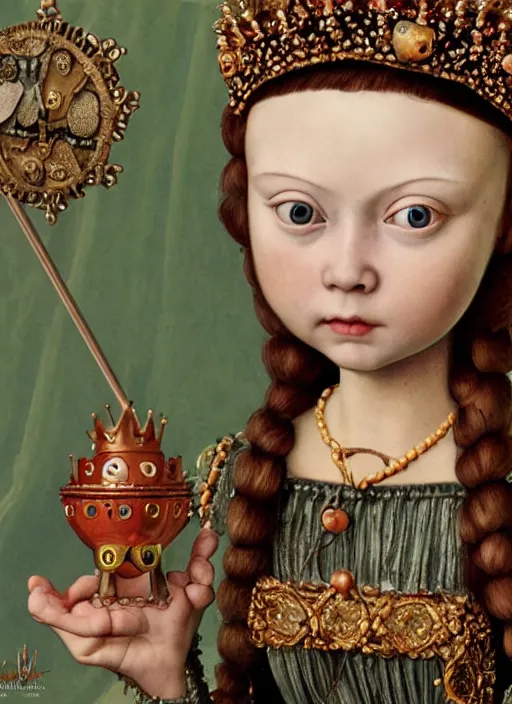Image similar to closeup medieval jan van eyck face portrait of tin toy greta thunberg as a fairytale princess wearing a crown eating cakes in the castle, bikini, detailed and intricate environment, nicoletta ceccoli, mark ryden, lostfish, hyperrealistic, octane render