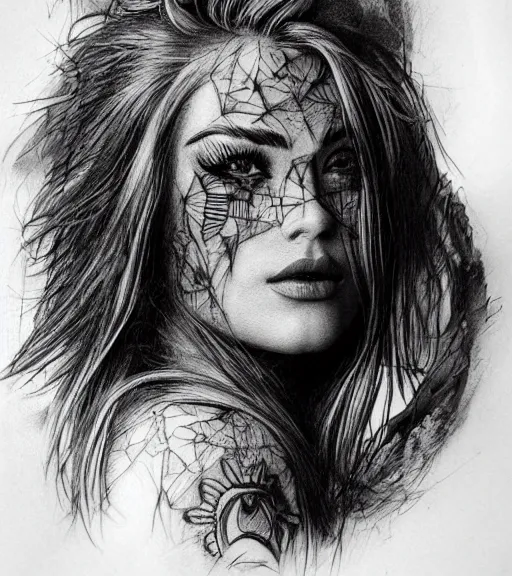 Prompt: amazing blend of beautiful mountain scenery with a beautiful woman face, tattoo design sketch, hyper - realistic, in the style of matteo pasqualin, amazing detail, black and white