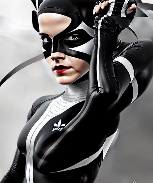 Image similar to a detailed fifty mm portrait of emma watson as a catwoman in a black adidas track suit with white stripes, highly detailed, digital painting, artstation, concept art, sharp focus, cinematic lighting, illustration, art by met mangindaan, artgerm and greg rutkowski, alphonse mucha, cgsociety