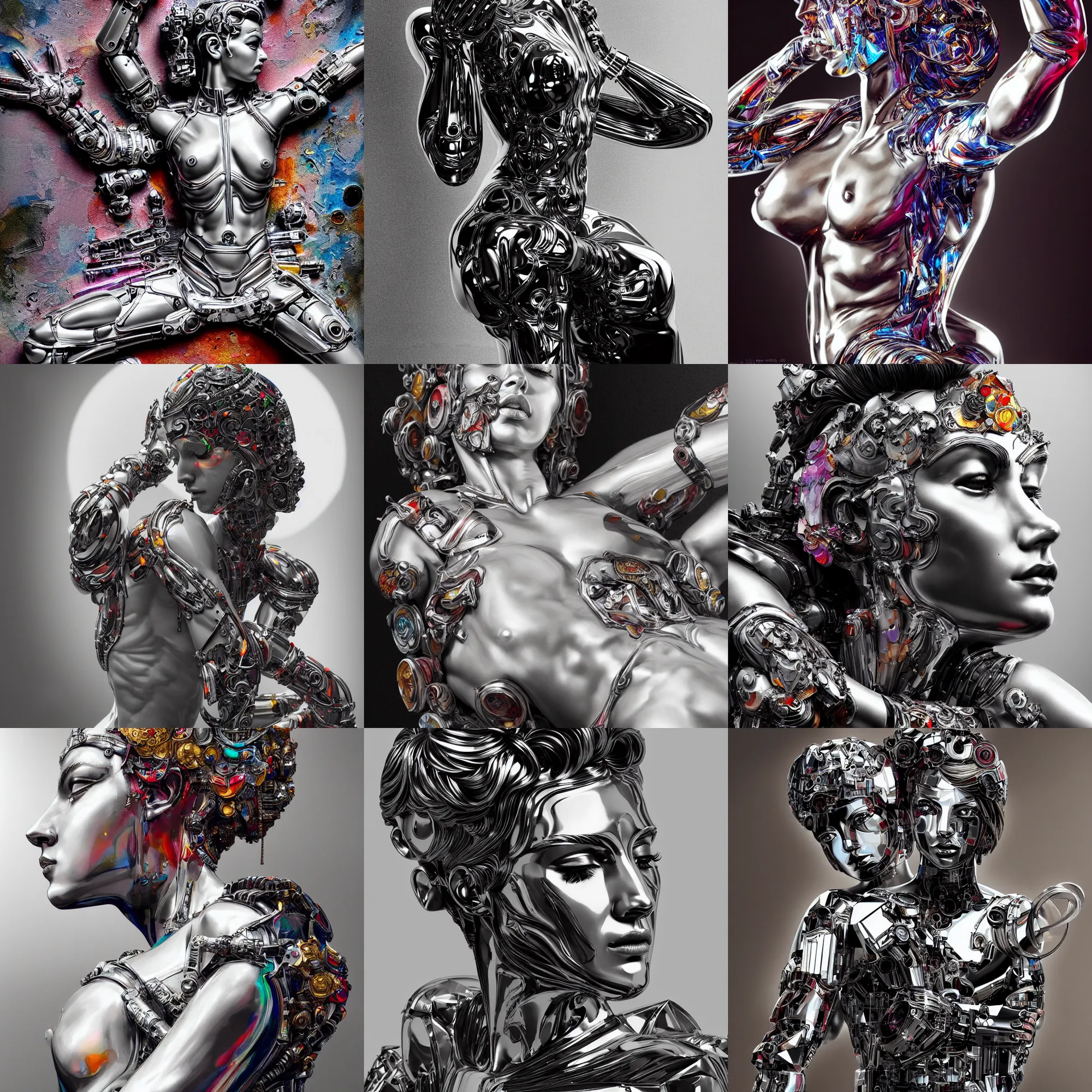 Prompt: vibrant ultra clear sculpture of beautiful cute cyborg roman god meditation position by sandra chevrier ron english, low contrast, cinematic dramatic lighting, hyper realistic detailed render, hypermaximalist, ornate, epic composition, 4 k 8 k, cryengine octane blender, sharp focus, concept art, masterpiece of art