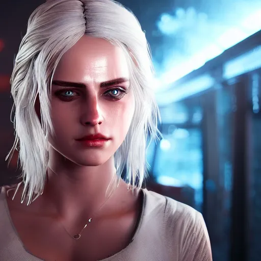 Prompt: Ciri with cybernetic modifications portrait in night city, 8k ultra realistic, award winning, unreal engine 5, masterpiece