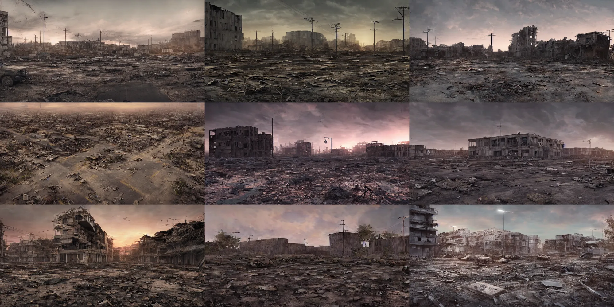 Prompt: an ominous decaying miltary wasteland at dusk, war-torn buildings, war-zone hyperrealism photorealistic photography hyper real resolution cinematic, Beautiful, Vray, Octane Render