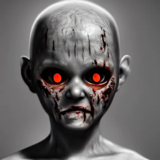 Image similar to angry zombie baby without eyes portrait, empty bloody - black eyesockets, horror core, apocalyptic, feeling of grimdark, sharp focus, fiction, hyper detailed, digital art, trending in artstation, cinematic lighting, studio quality, smooth render, unreal engine 5 rendered, octane rendered, art style and nixeu and wlop and krenz cushart