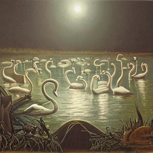 Prompt: painting hr giger tent in a landscape, swans in a pond, floral ornaments light beams night, tomas sanchez