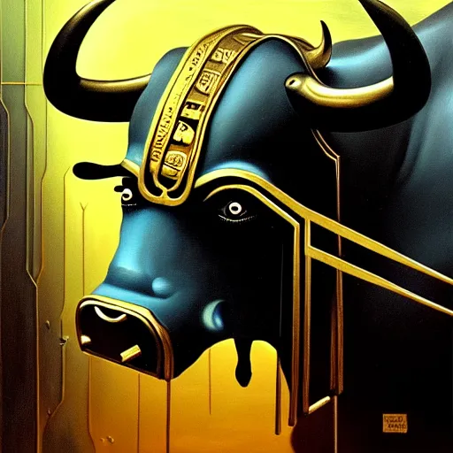 Prompt: a painting of a bull with a gold coin on its back, cyberpunk art by Salvador Dalí, featured on cg society, fantasy art, #myportfolio, official art, poster art